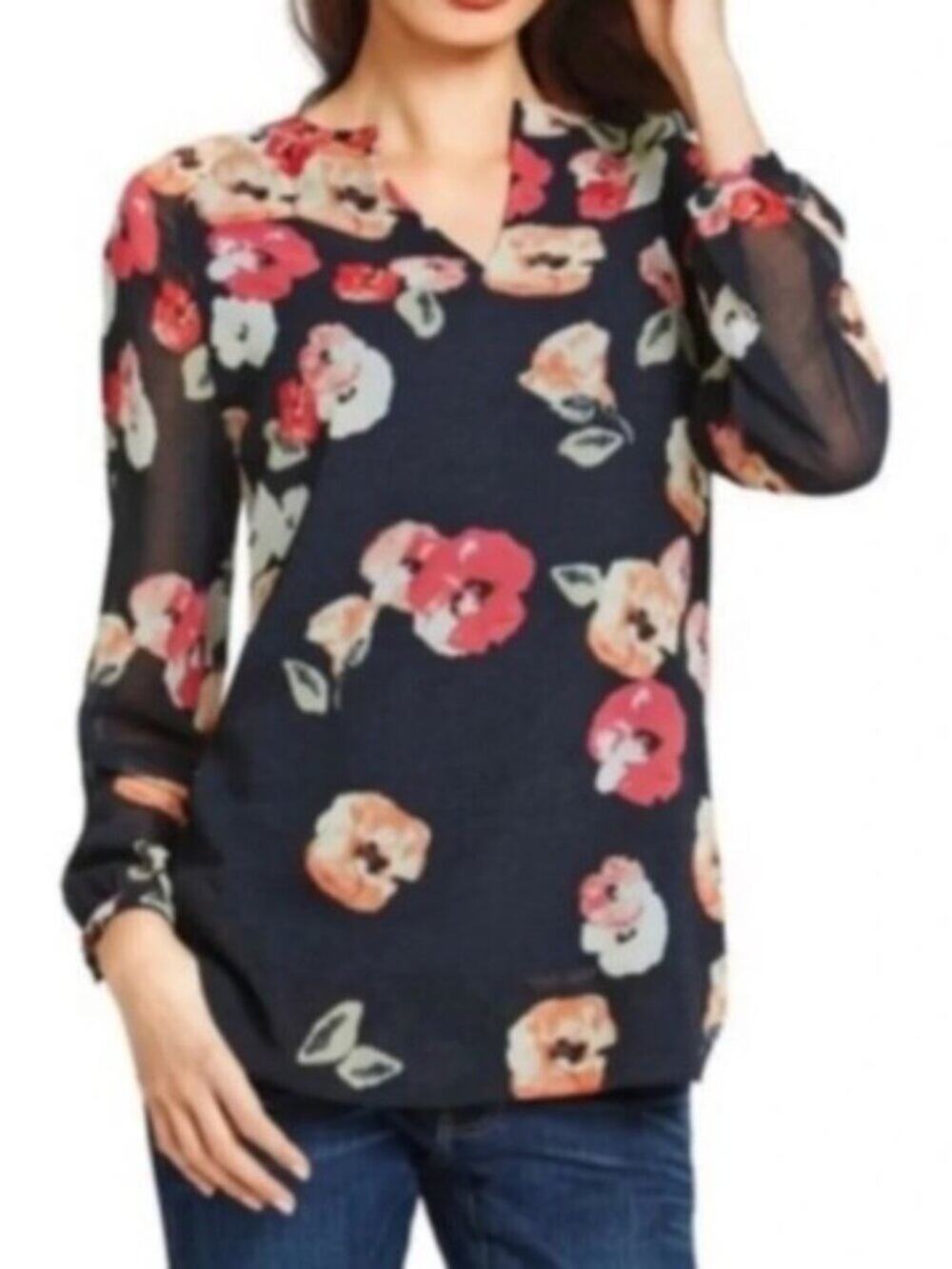 CAbi Brand Women's size Medium Poppy Floral Chiffon Semi Sheer Blouse Red Black